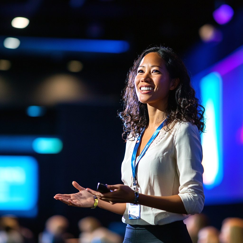 Confident tech leader delivering a keynote speech at a conference, engaging the audience.