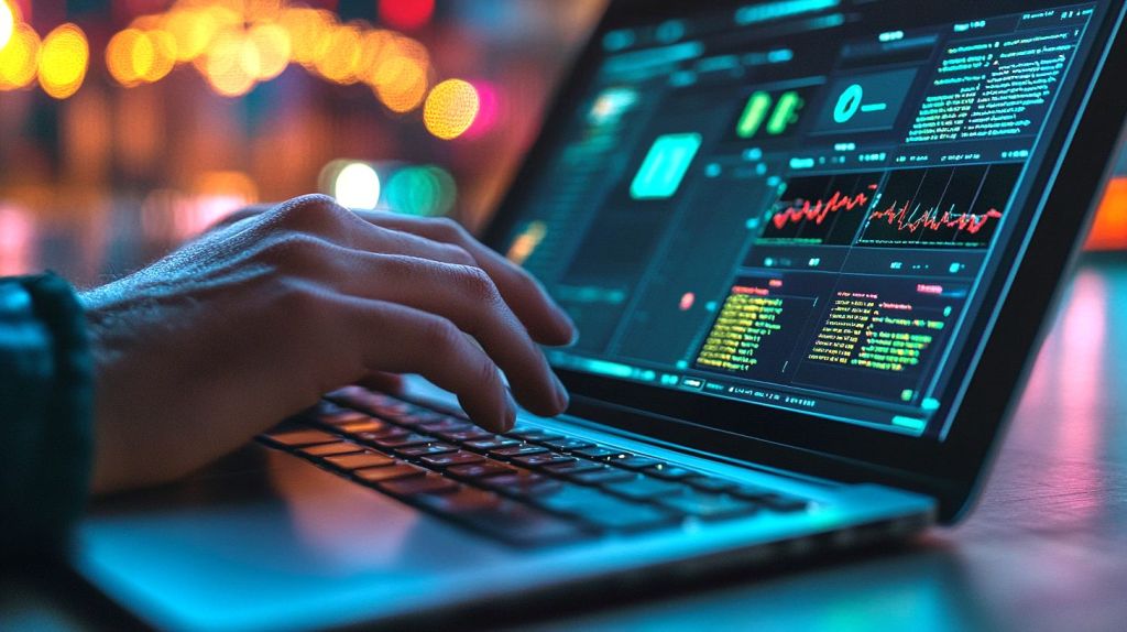 Hands typing on a laptop showing a cybersecurity dashboard with active threat monitoring.